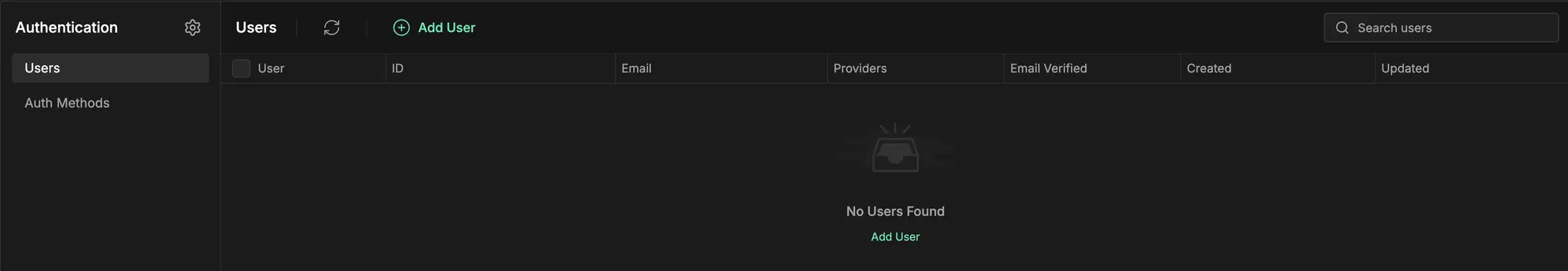 InsForge Auth Users — empty because Auth0 manages users